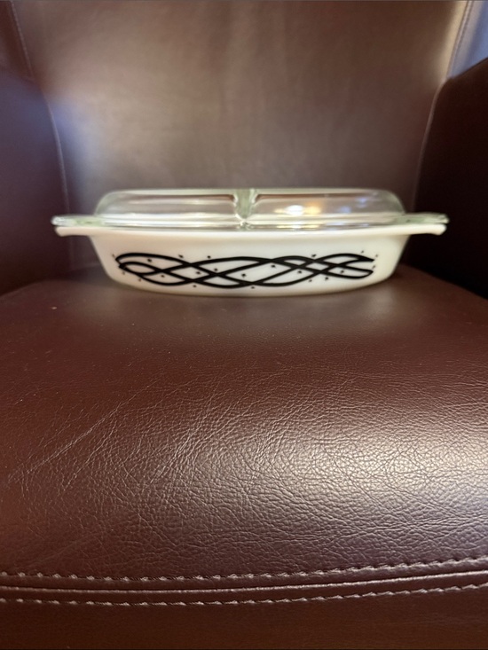 Pyrex Other - Pyrex White Milk Glass Divided Casserole with Black Barb Wire Design